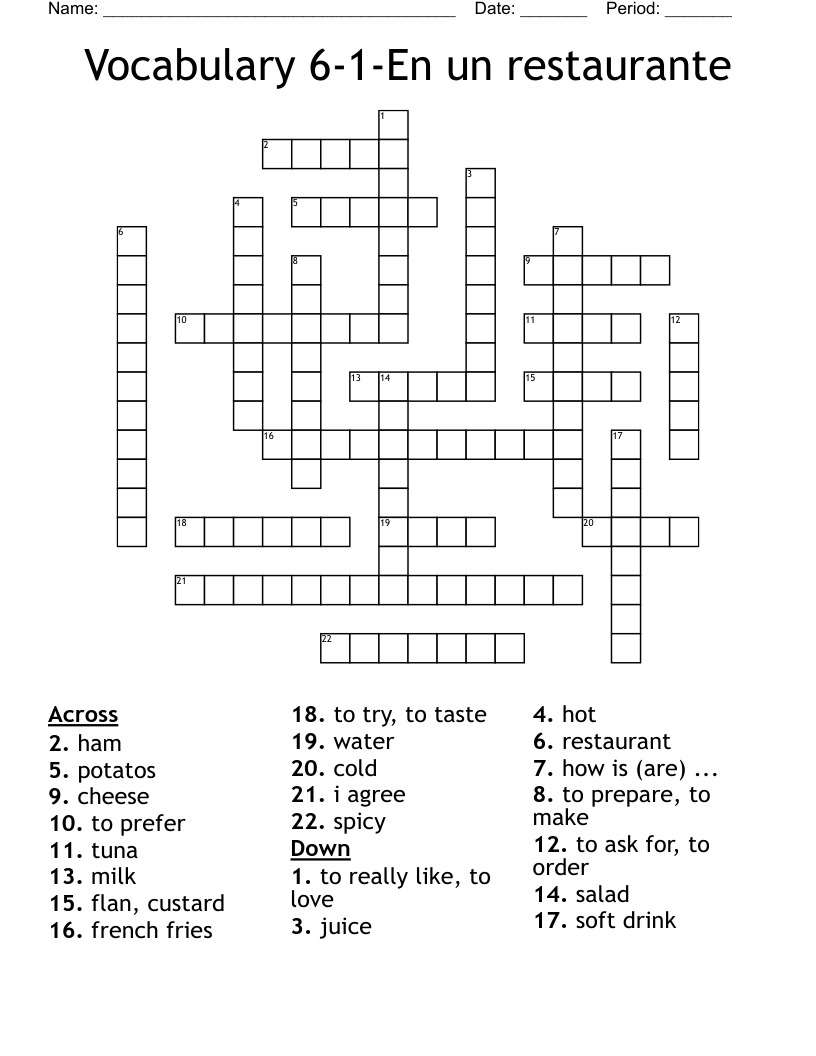 Vocabulary 6-1-En un restaurante Crossword