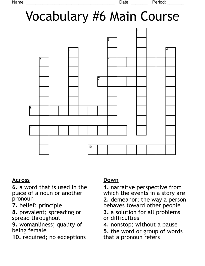 Vocabulary #6 Main Course Crossword