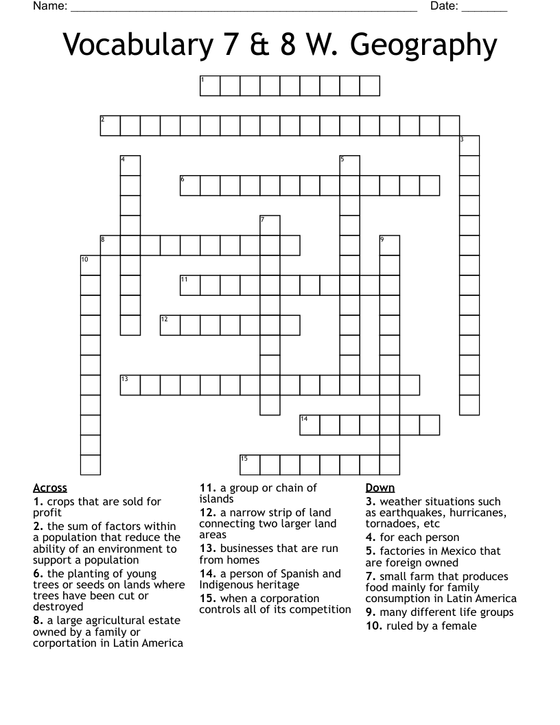 Vocabulary 7 & 8  W. Geography Crossword