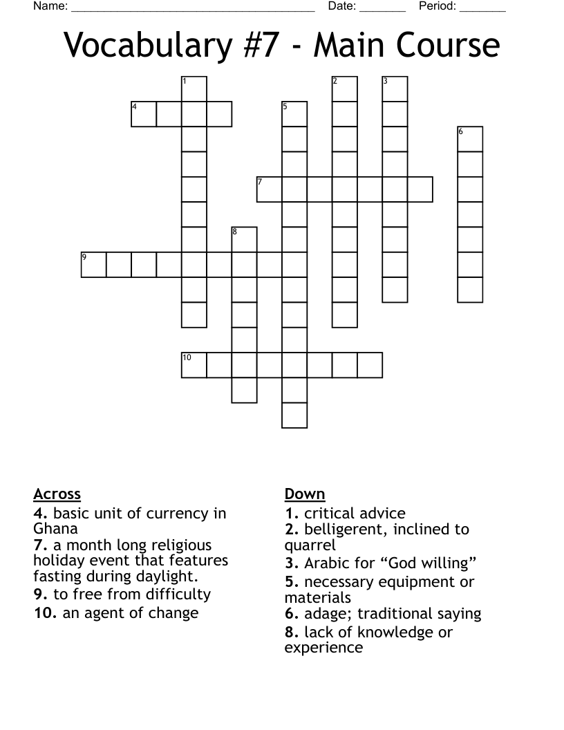 Vocabulary #7 - Main Course  Crossword