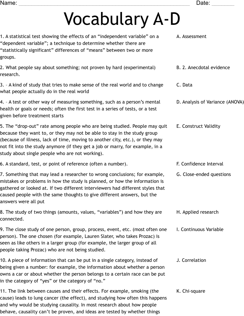 Vocabulary A-D Worksheet