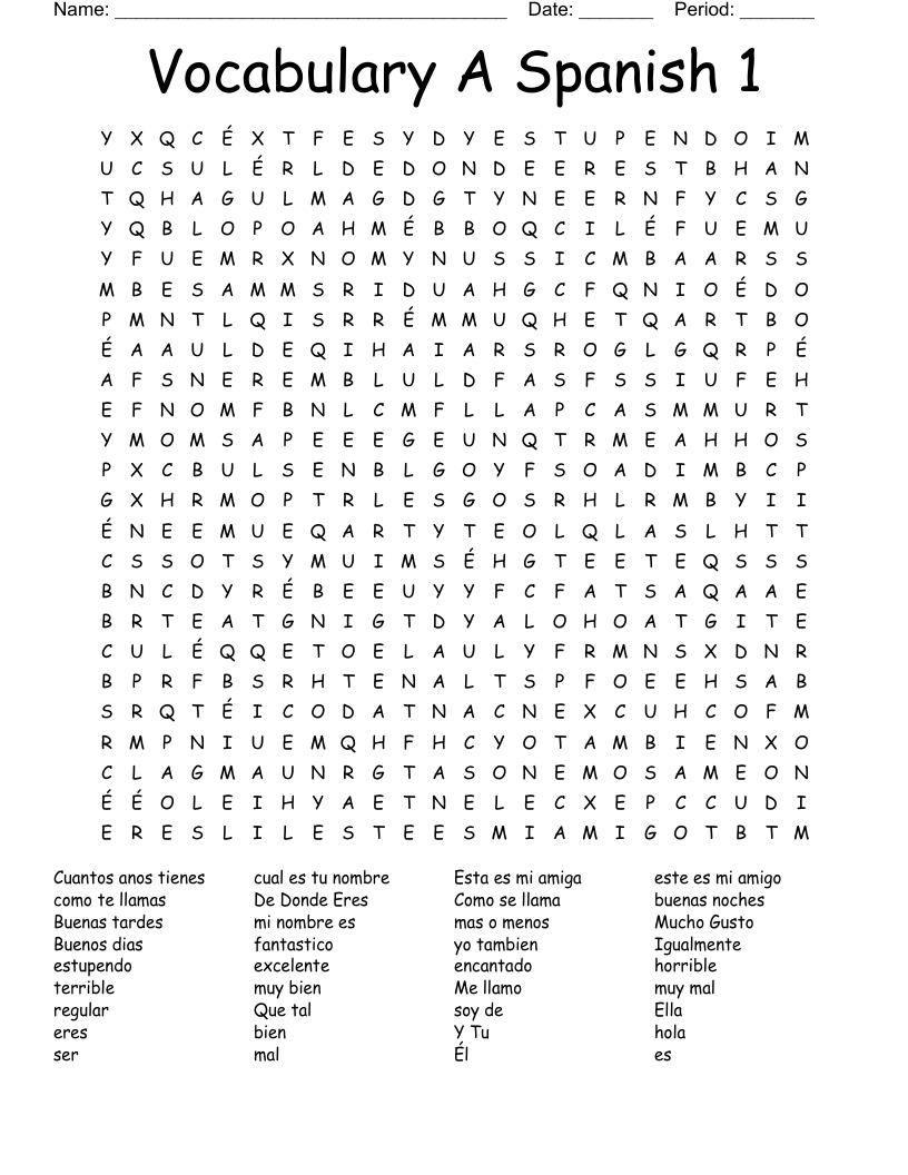 Vocabulary A Spanish 1 Word Search