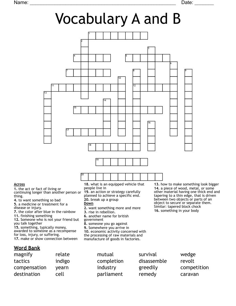 Vocabulary A and B Crossword