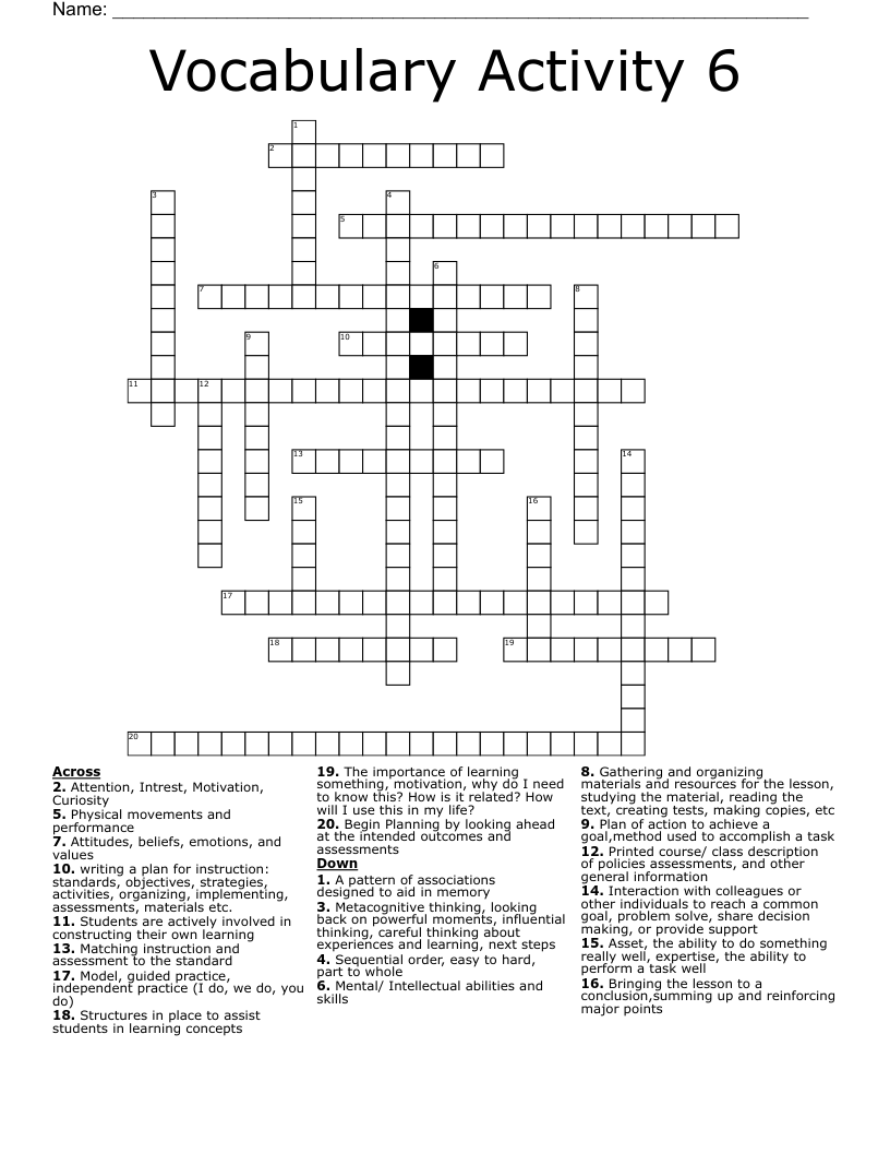 Vocabulary Activity 6  Crossword