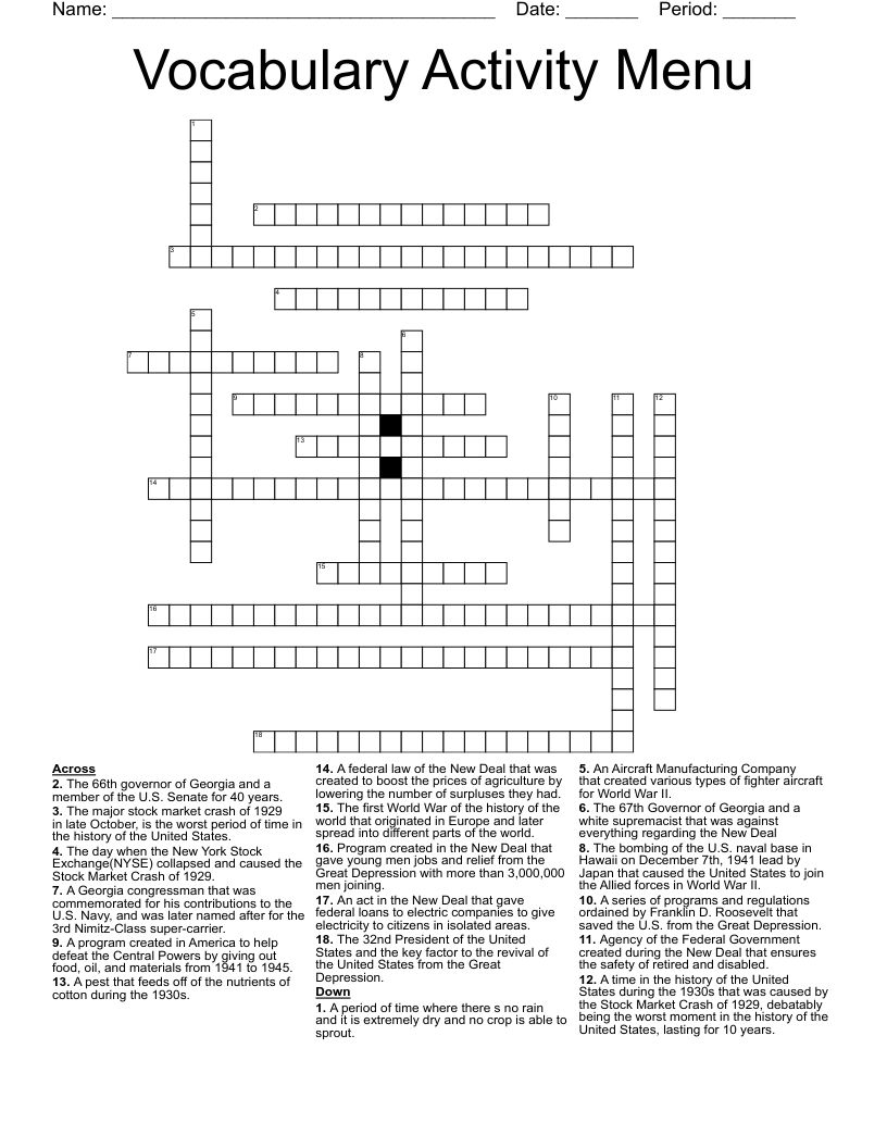 Vocabulary Activity Menu Crossword