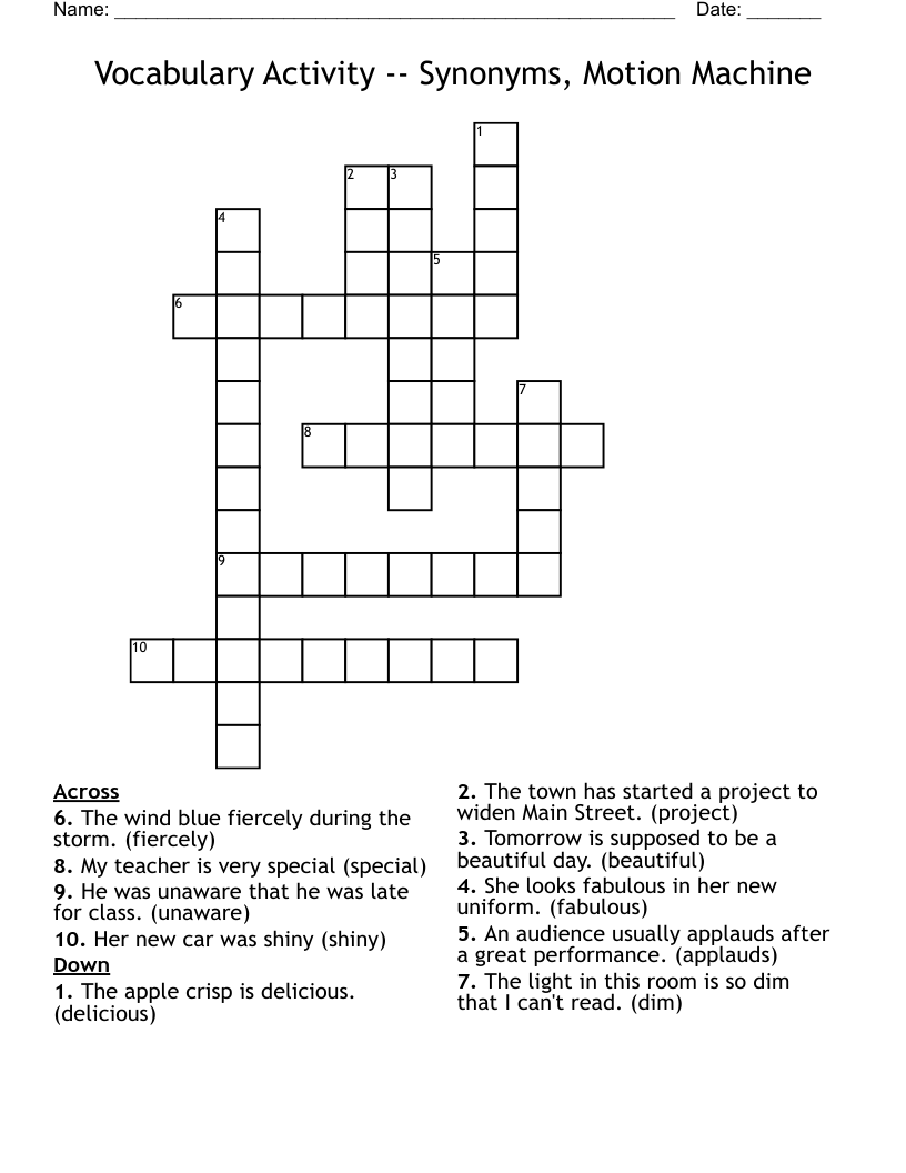 Vocabulary Activity -- Synonyms, Motion Machine Crossword