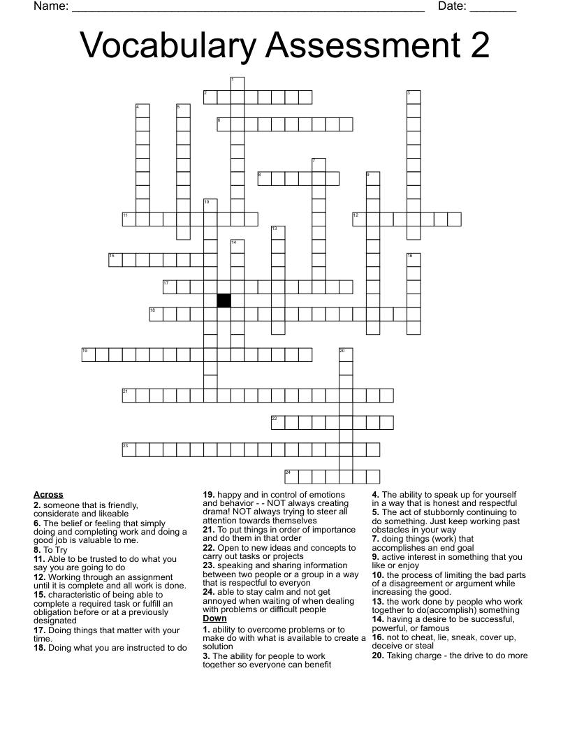 Vocabulary Assessment 2 Crossword