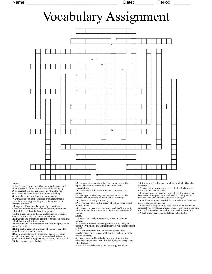 Vocabulary Assignment Crossword