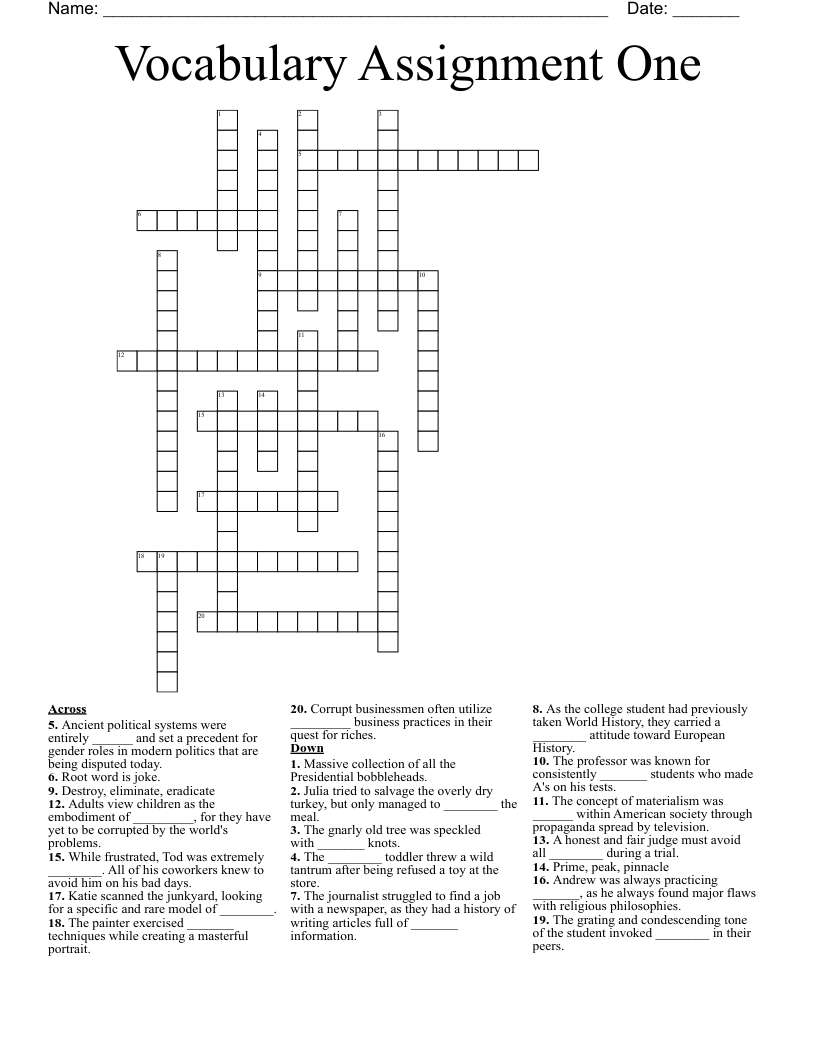 Vocabulary Assignment One Crossword