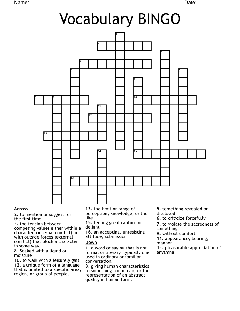 Vocabulary BINGO Crossword