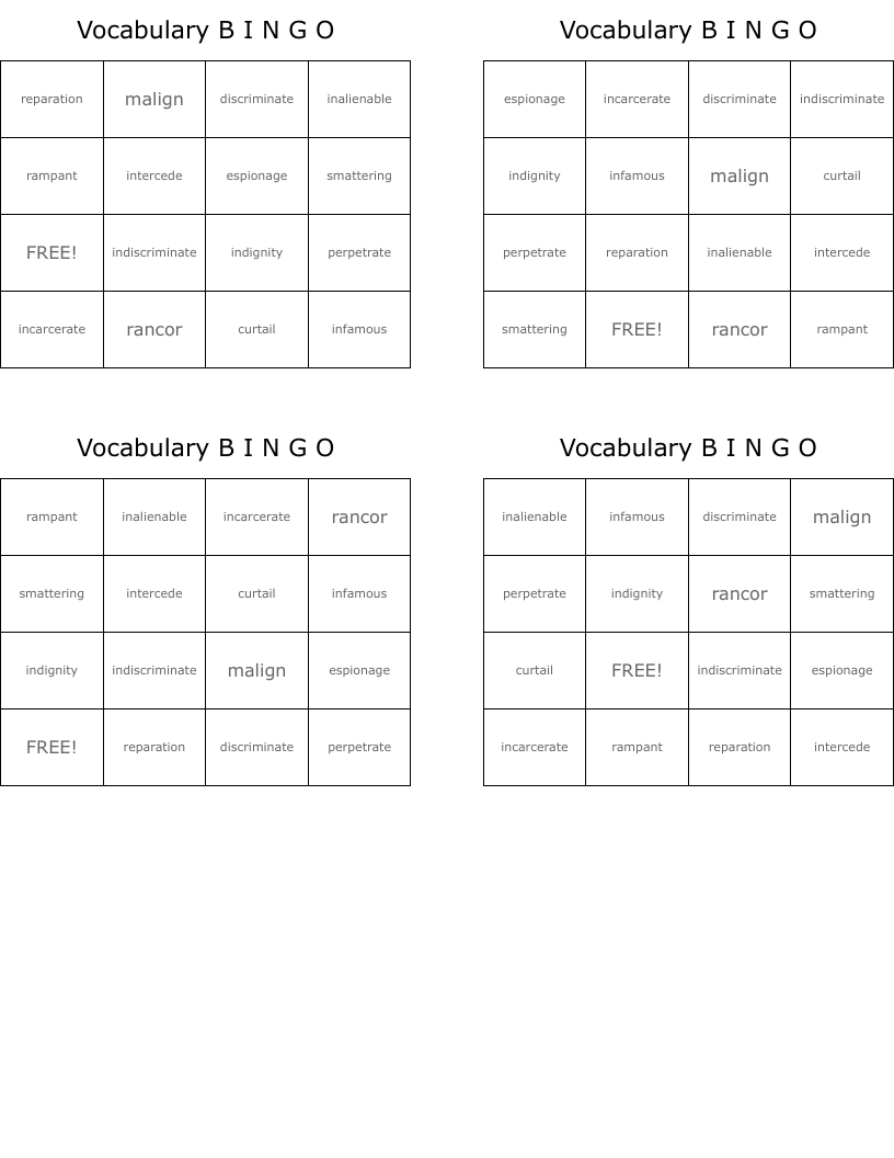 Vocabulary B I N G O  Bingo Cards