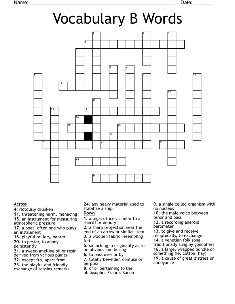 Vocabulary B Words Crossword