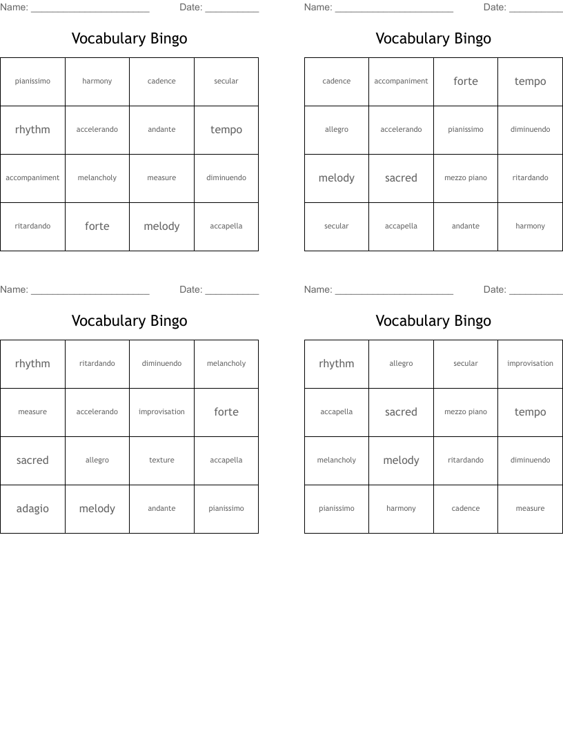 Vocabulary Bingo