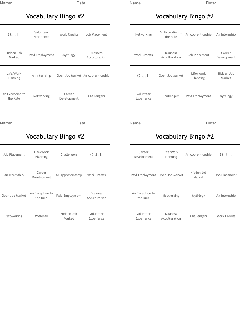 Vocabulary Bingo #2