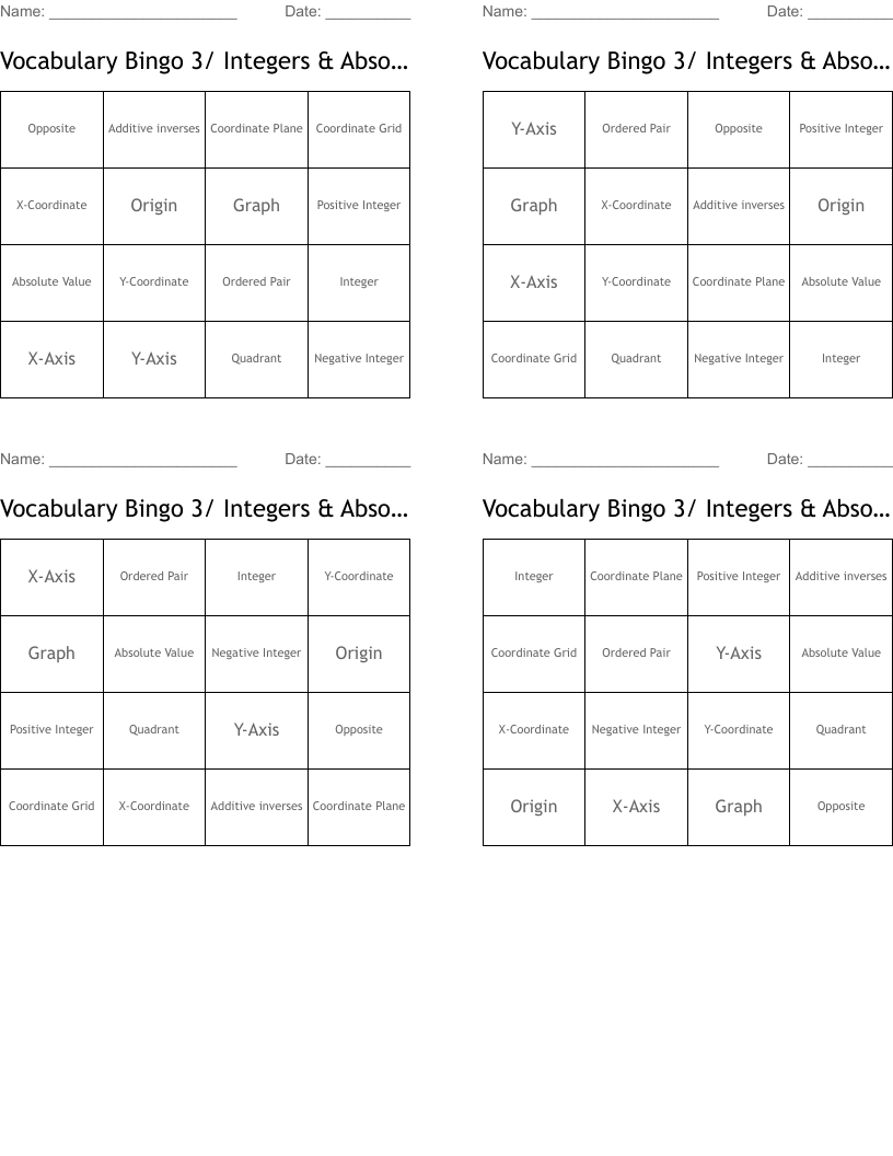 Vocabulary Bingo 3/ Integers & Absolute Value