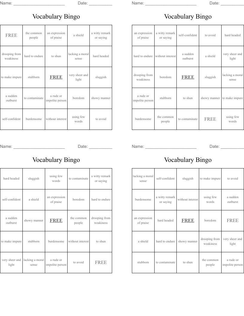 Vocabulary Bingo 