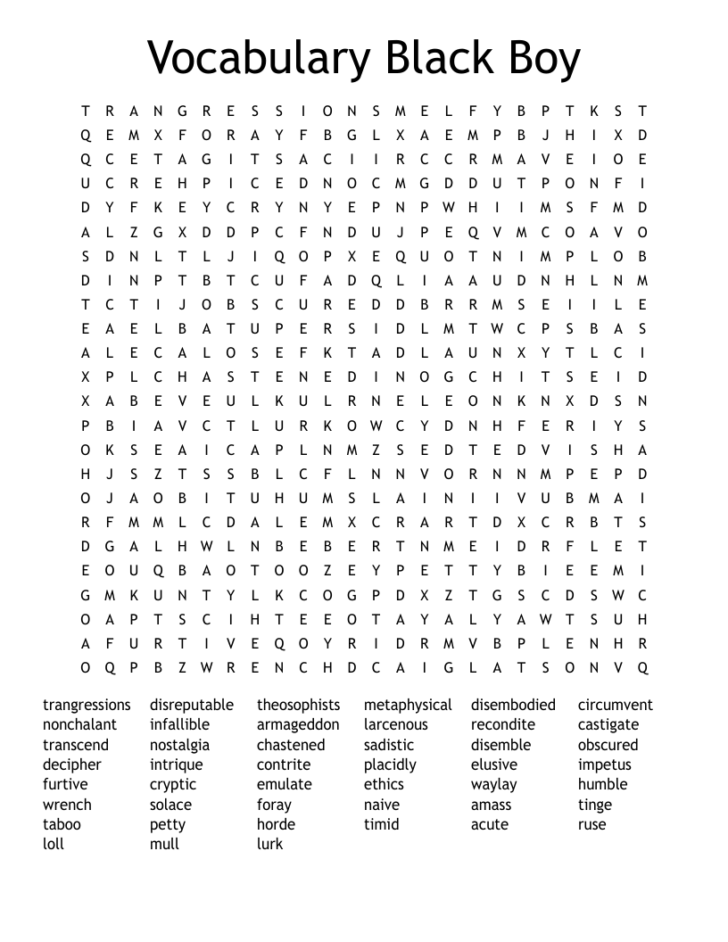 Vocabulary Black Boy Word Search