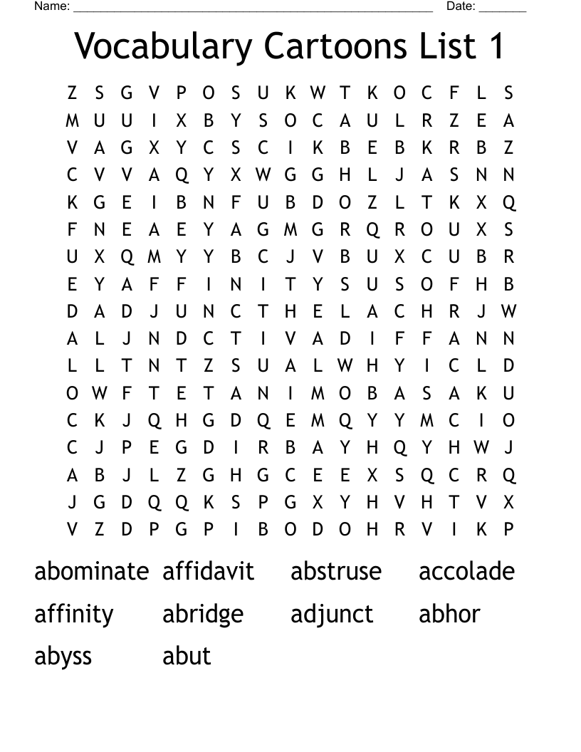Vocabulary Cartoons List 1 Word Search
