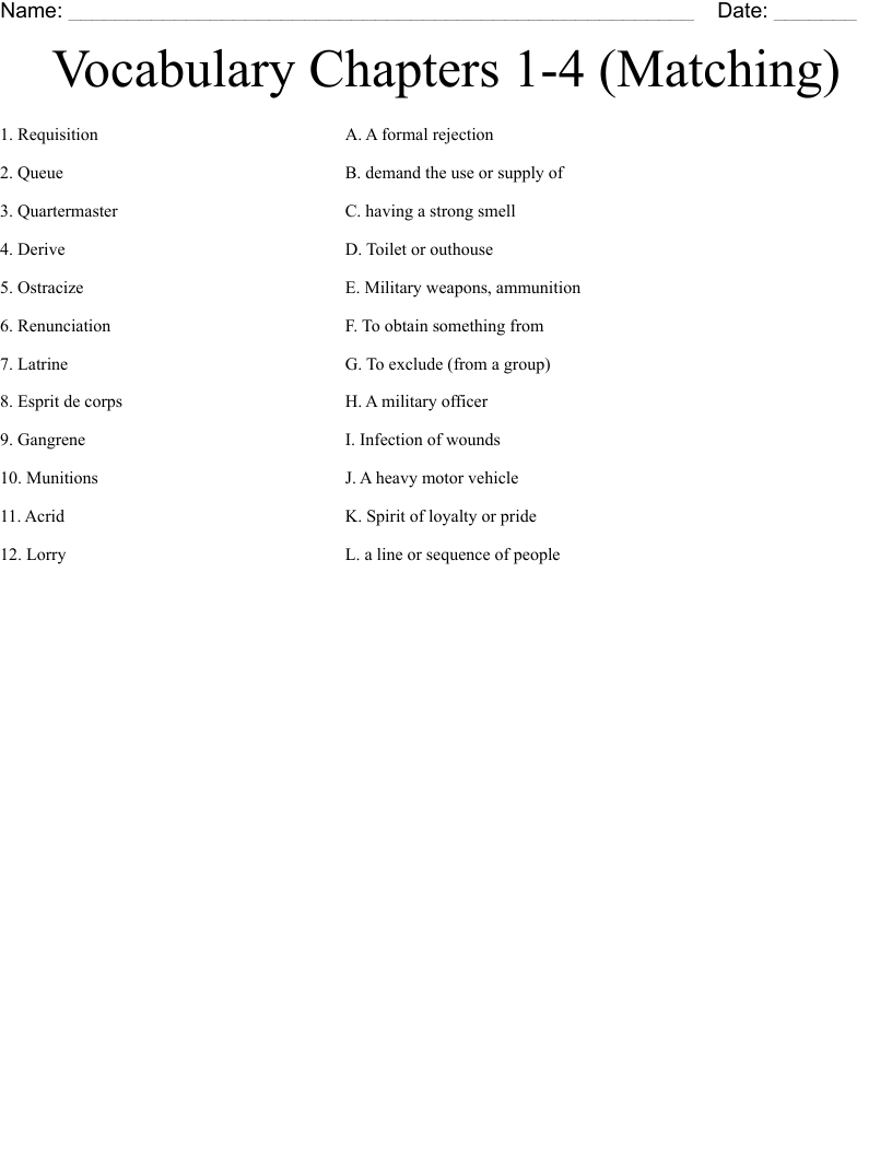 Vocabulary Chapters 1-4 (Matching)  Worksheet