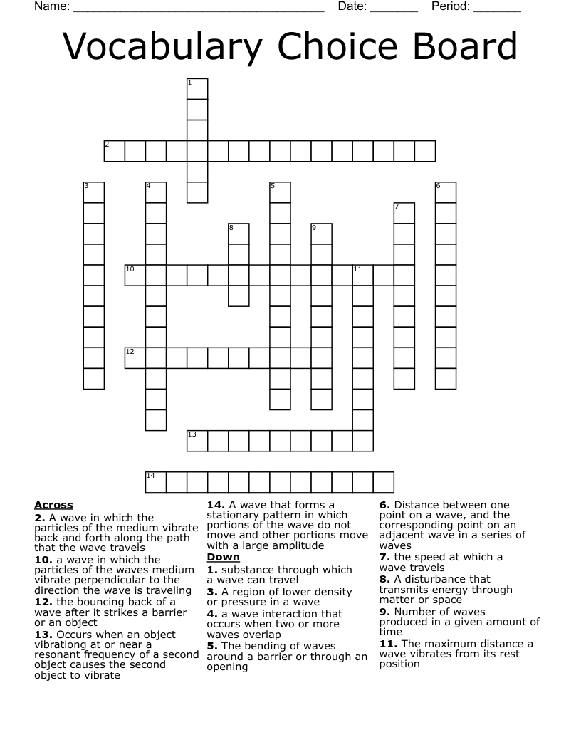 Vocabulary Choice Board Crossword