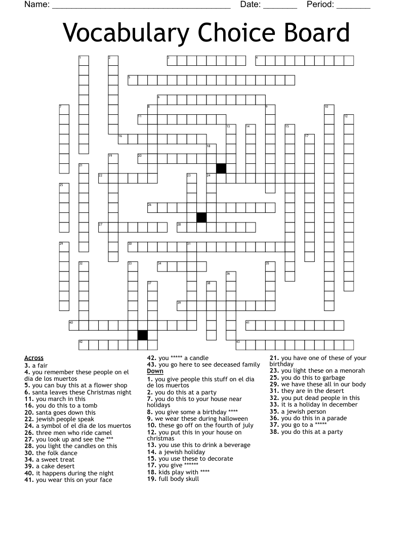 Vocabulary Choice Board Crossword