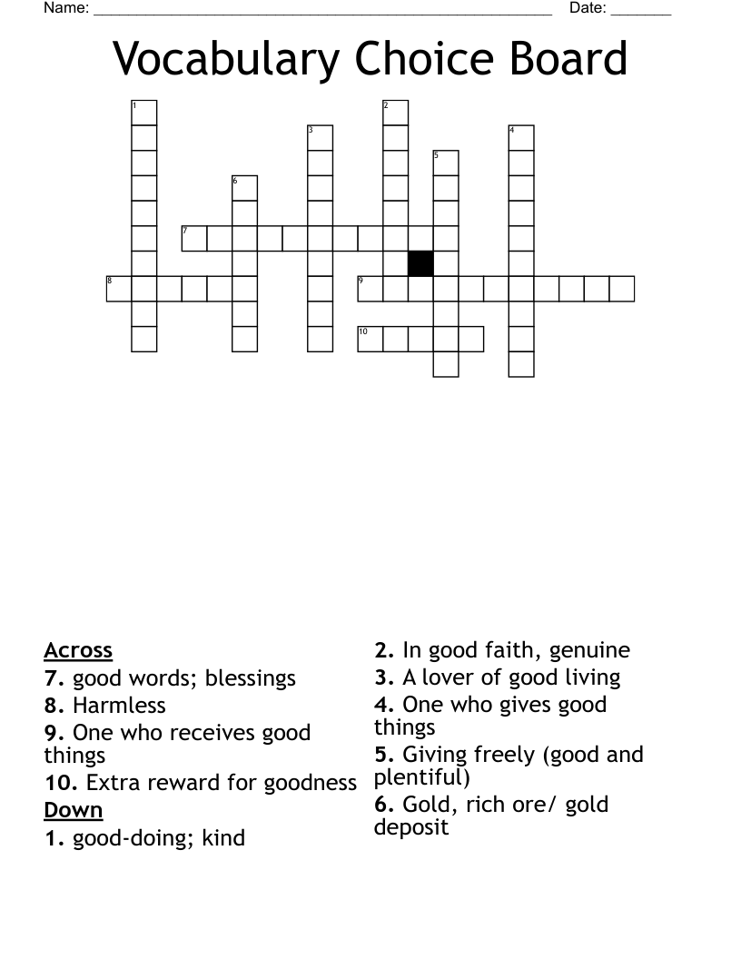 Vocabulary Choice Board Crossword