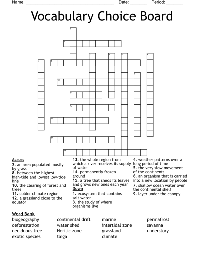 Vocabulary Choice Board Crossword