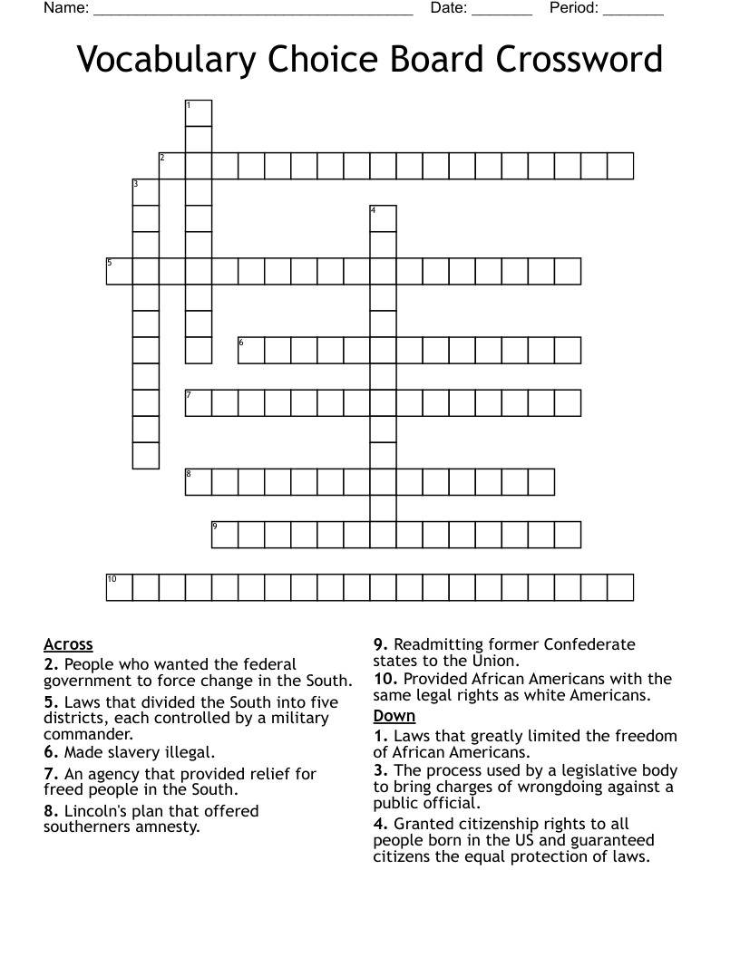 Vocabulary Choice Board Crossword