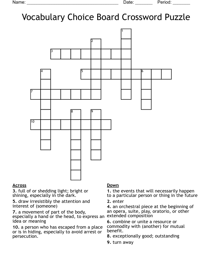 Vocabulary Choice Board Crossword Puzzle