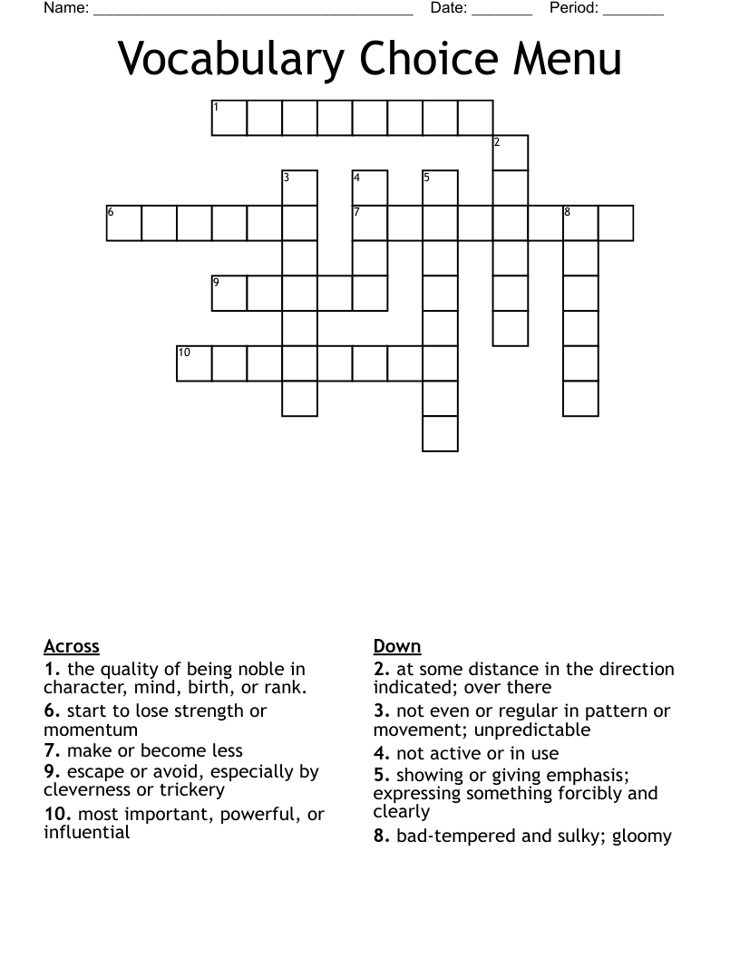Vocabulary Choice Menu Crossword
