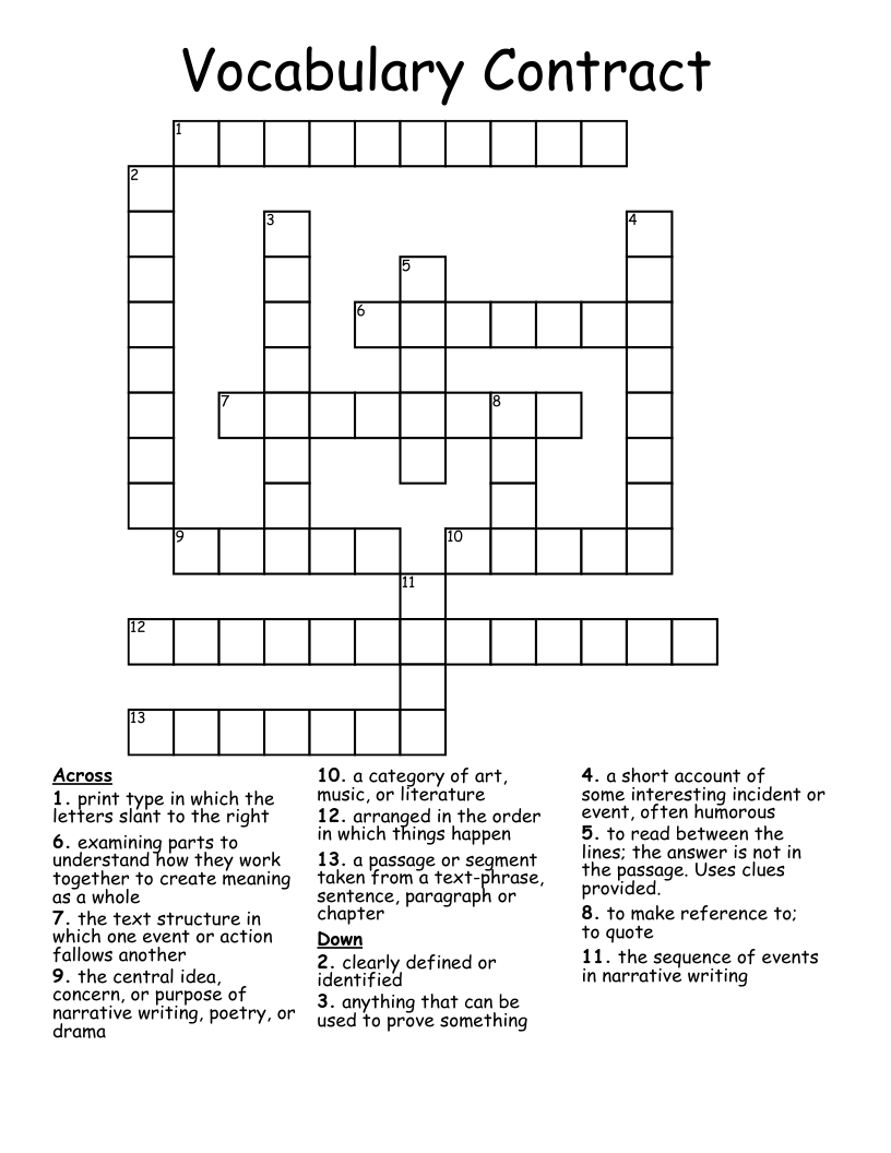 Vocabulary Contract Crossword