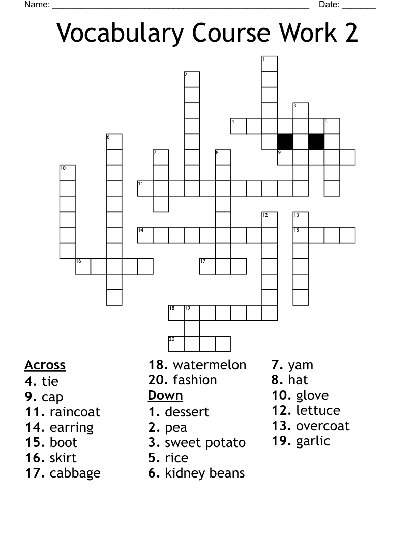 Vocabulary Course Work 2  Crossword
