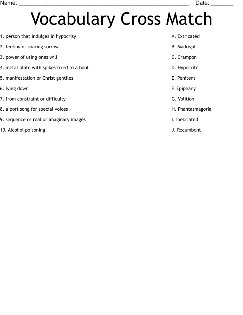Vocabulary Cross Match Worksheet