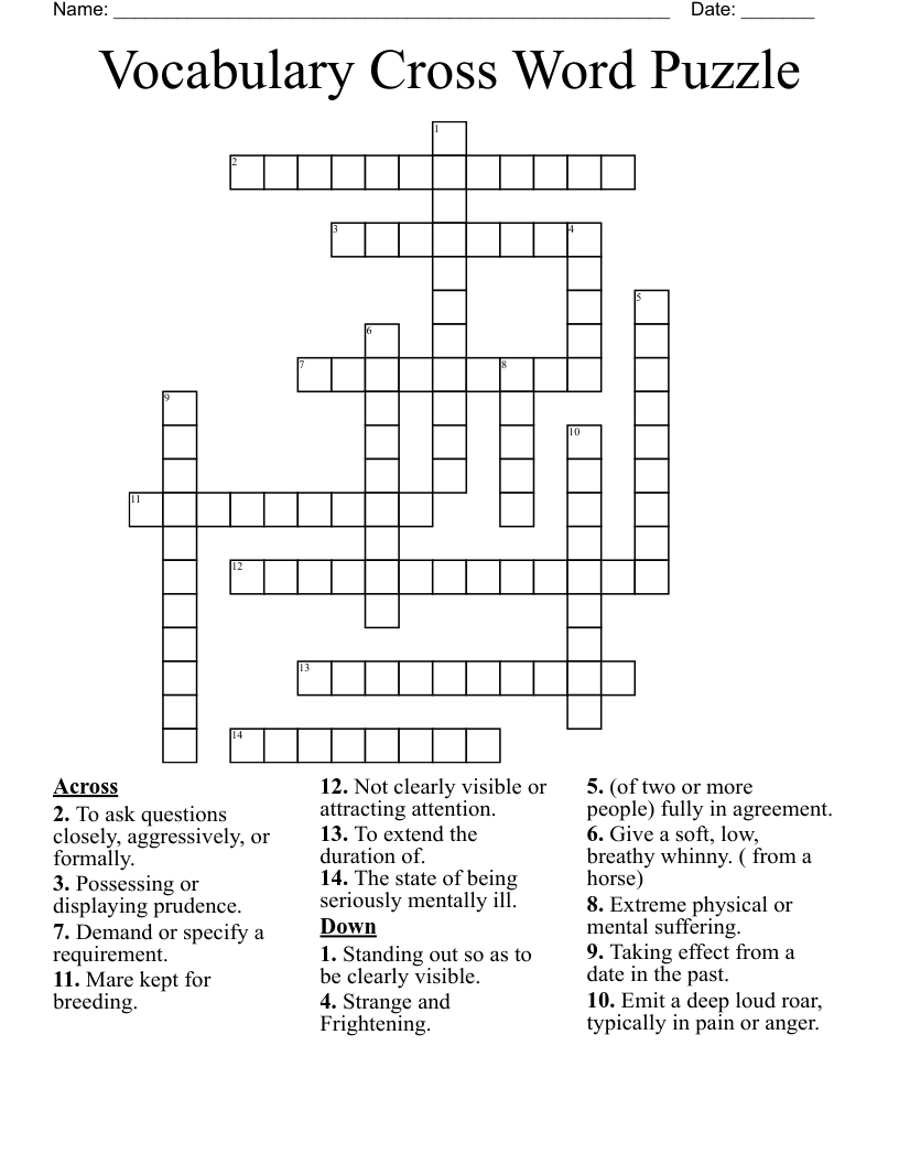 Vocabulary Cross Word Puzzle