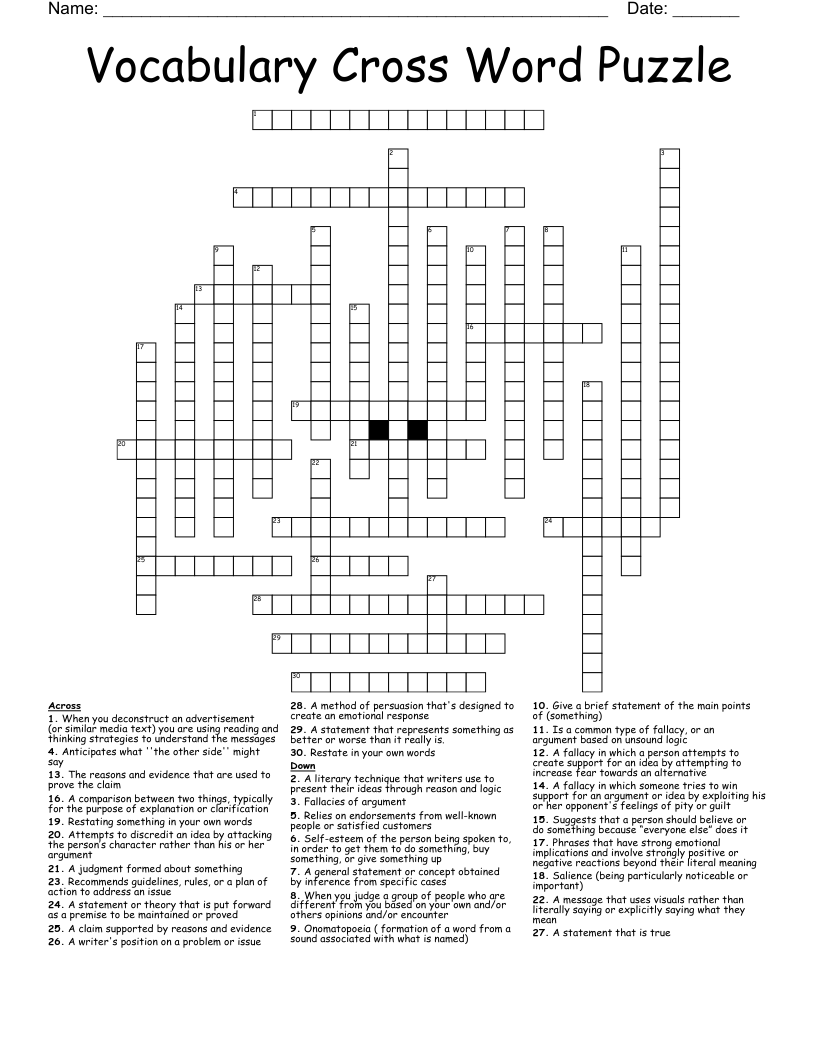 Vocabulary Cross Word Puzzle