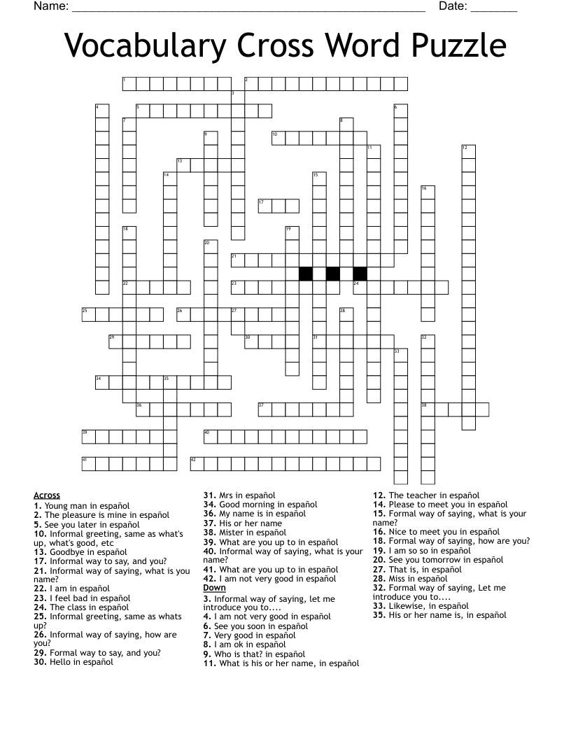 Vocabulary Cross Word Puzzle 