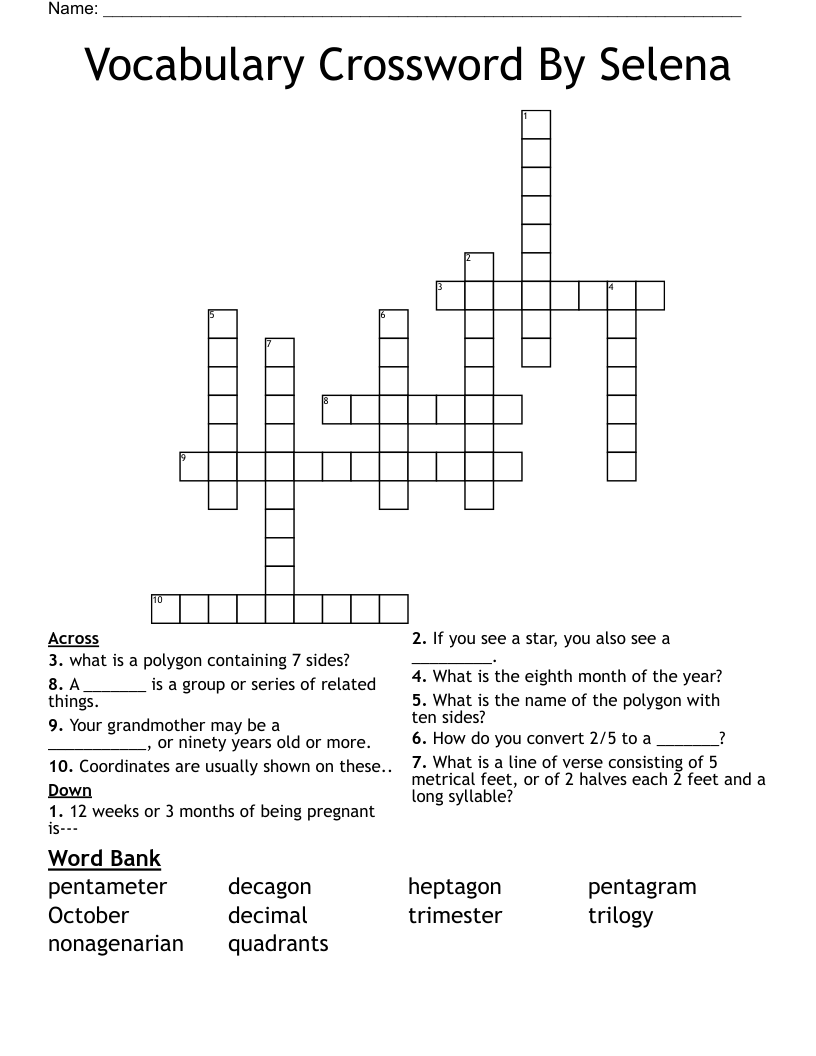 Vocabulary Crossword By Selena