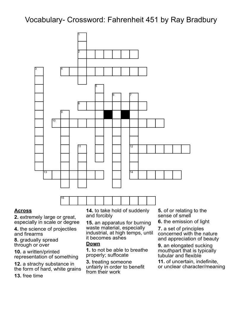 Vocabulary- Crossword: Fahrenheit 451 by Ray Bradbury