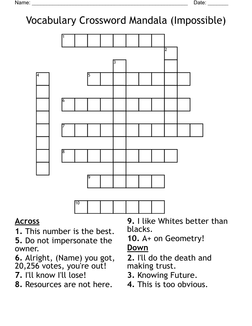 Vocabulary Crossword Mandala (Impossible)