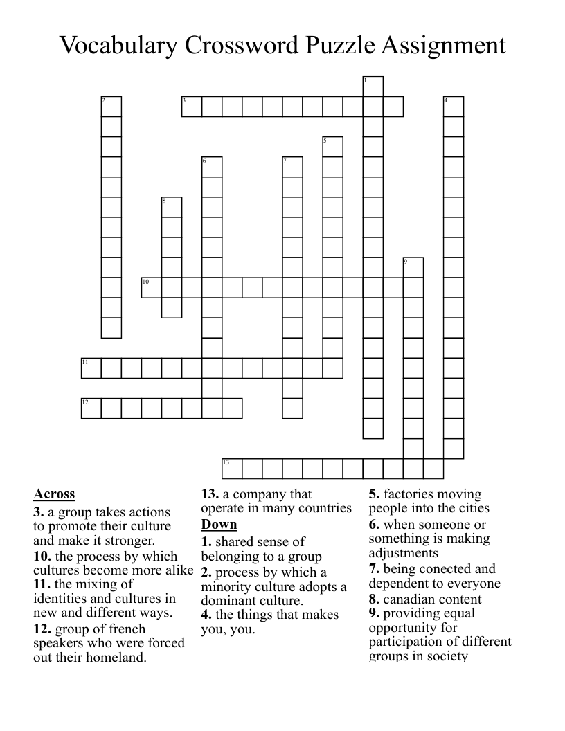 Vocabulary Crossword Puzzle Assignment