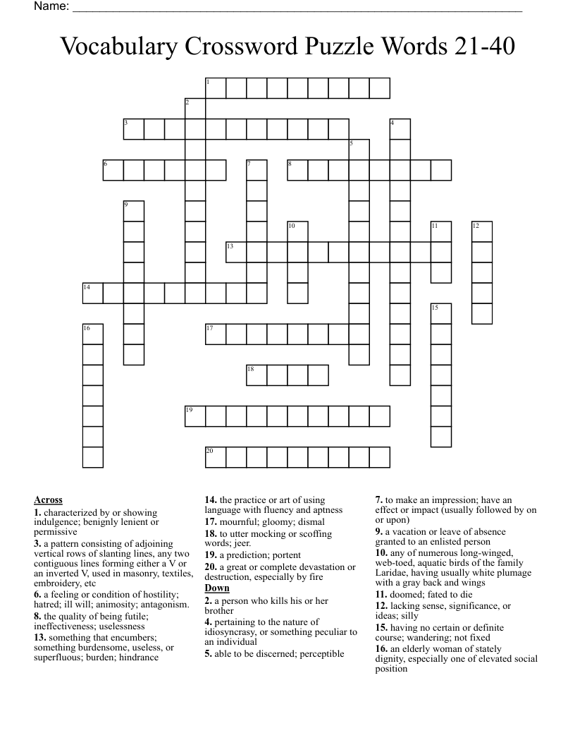 Vocabulary Crossword Puzzle Words 21-40