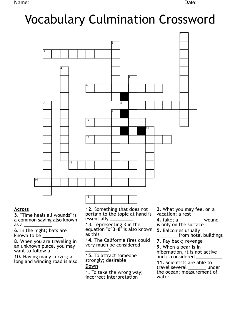 Vocabulary Culmination Crossword