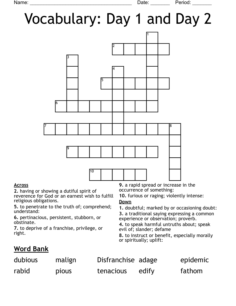 Vocabulary: Day 1 and Day 2 Crossword
