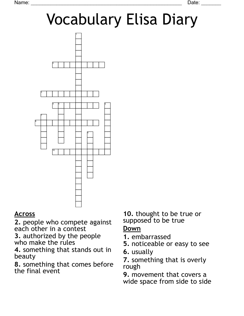 Vocabulary Elisa Diary Crossword