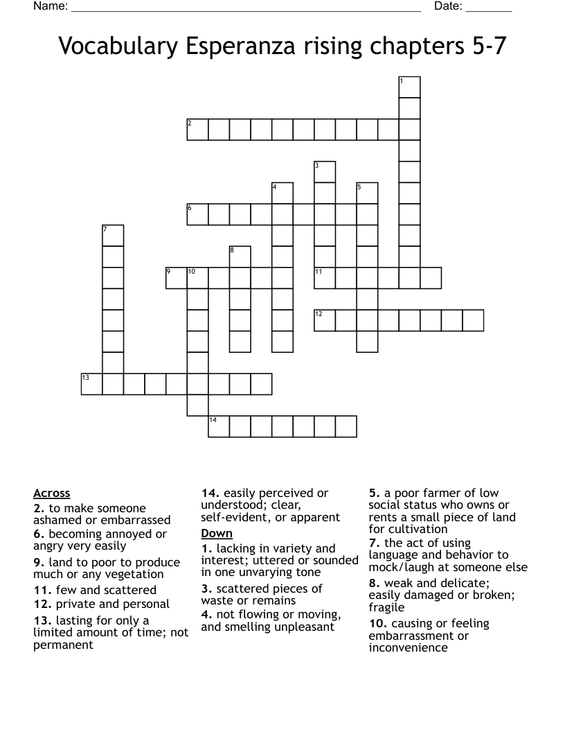 Vocabulary Esperanza rising chapters 5-7 Crossword