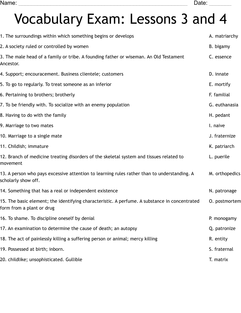 Vocabulary Exam:  Lessons 3 and 4 Worksheet