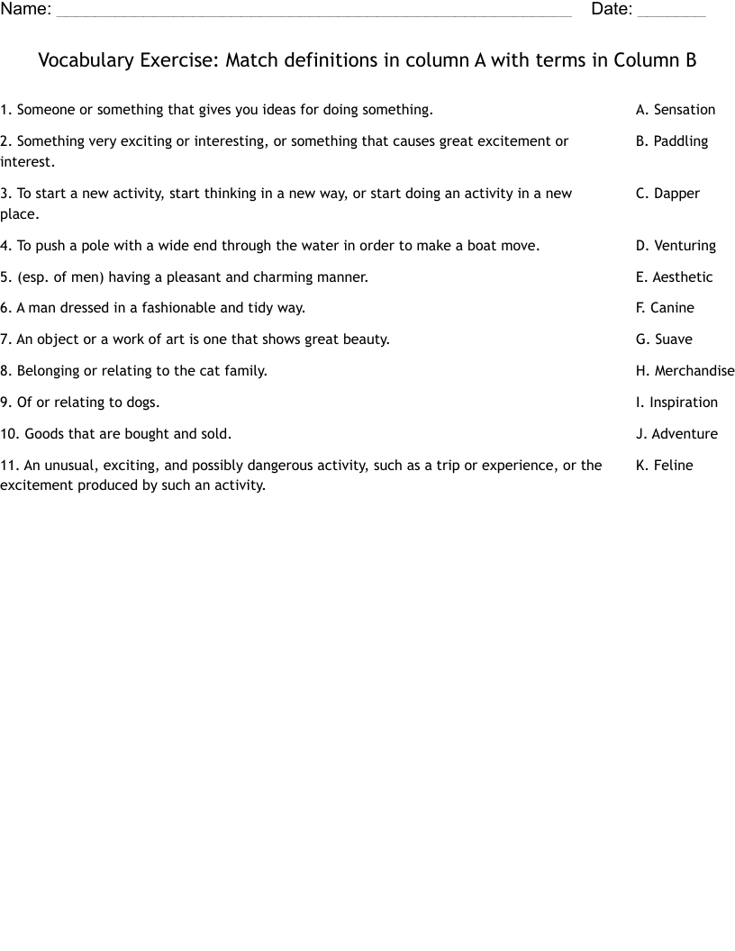Vocabulary Exercise: Match definitions in column A with terms in Column B Worksheet