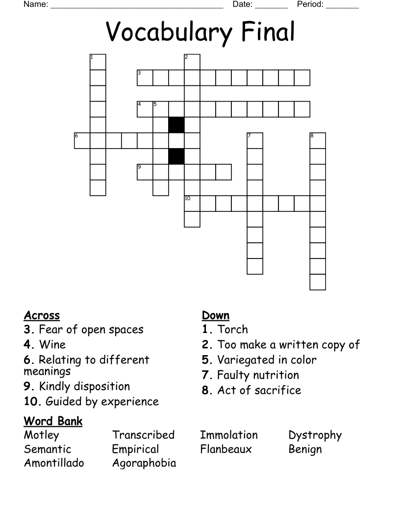 Vocabulary Final Crossword