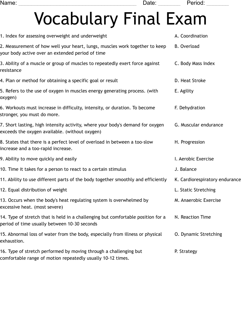 Vocabulary Final Exam Worksheet
