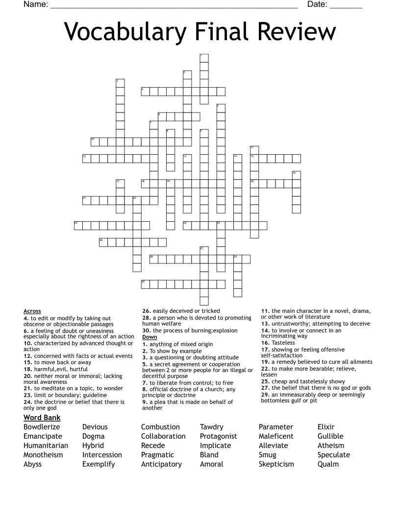 Vocabulary Final Review  Crossword